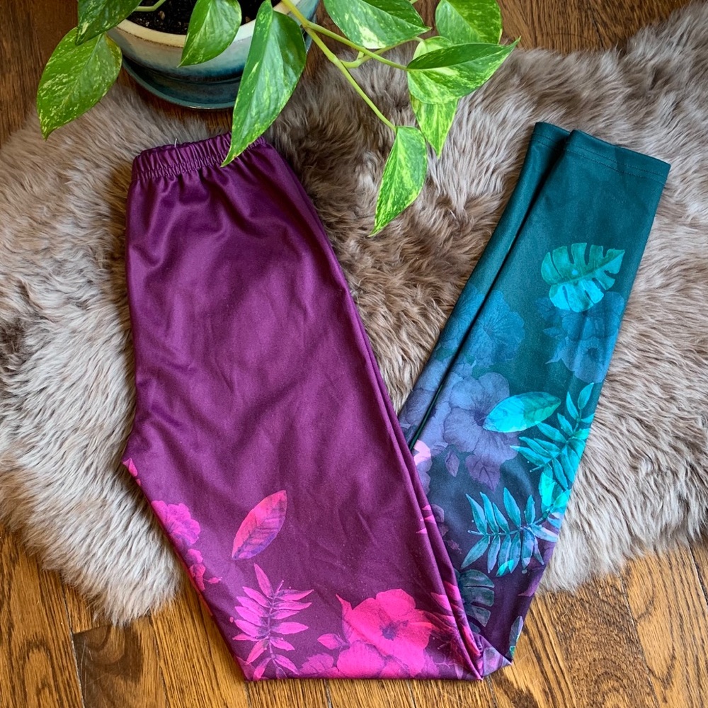 CowCow Leggings Ombré Hibiscus & Ferns Leggings XS - Picture 1 of 3